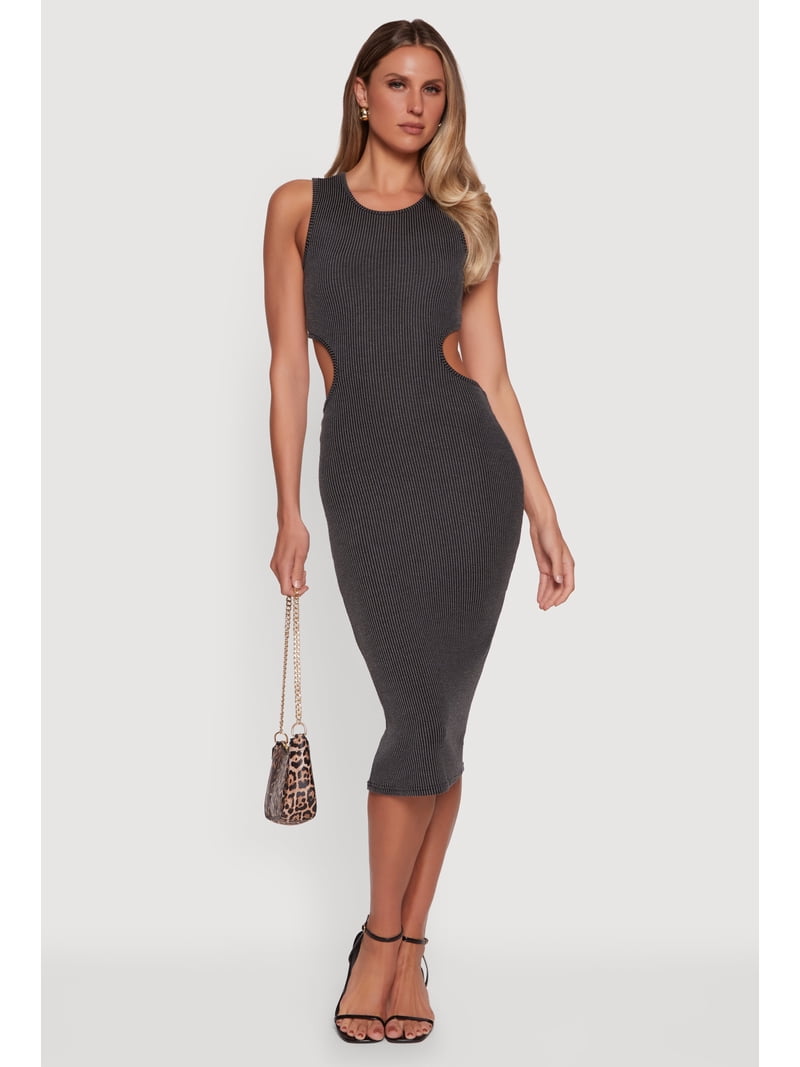 rib knit cut out dress Rainbow Women's Rib Knit Cut Out Back Midi Tank Dress, Size: XL, Black