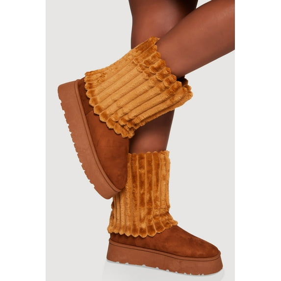 Women's Ribbed Faux Fur Round Toe Platform Booties