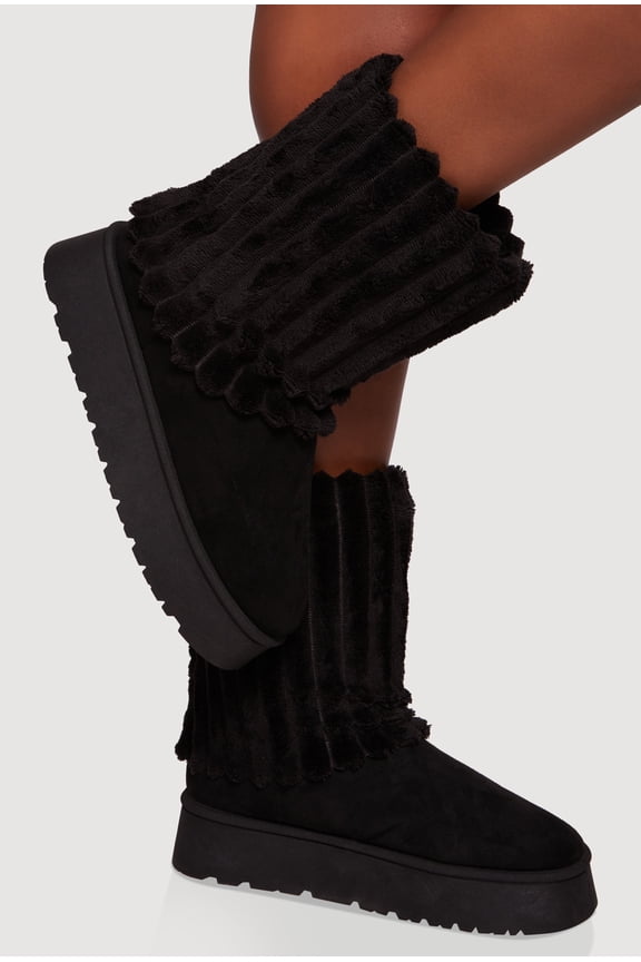 Women's Ribbed Faux Fur Round Toe Platform Booties
