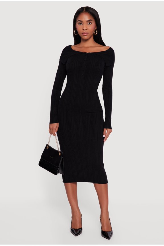 Women's Rib Knit Fold Over Quarter Button Front Sweater Dress