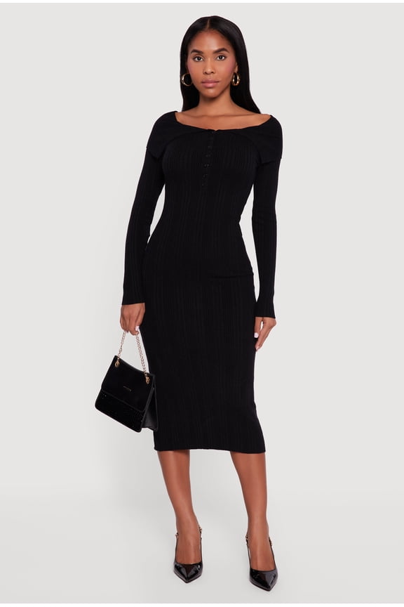 Women's Rib Knit Fold Over Quarter Button Front Sweater Dress