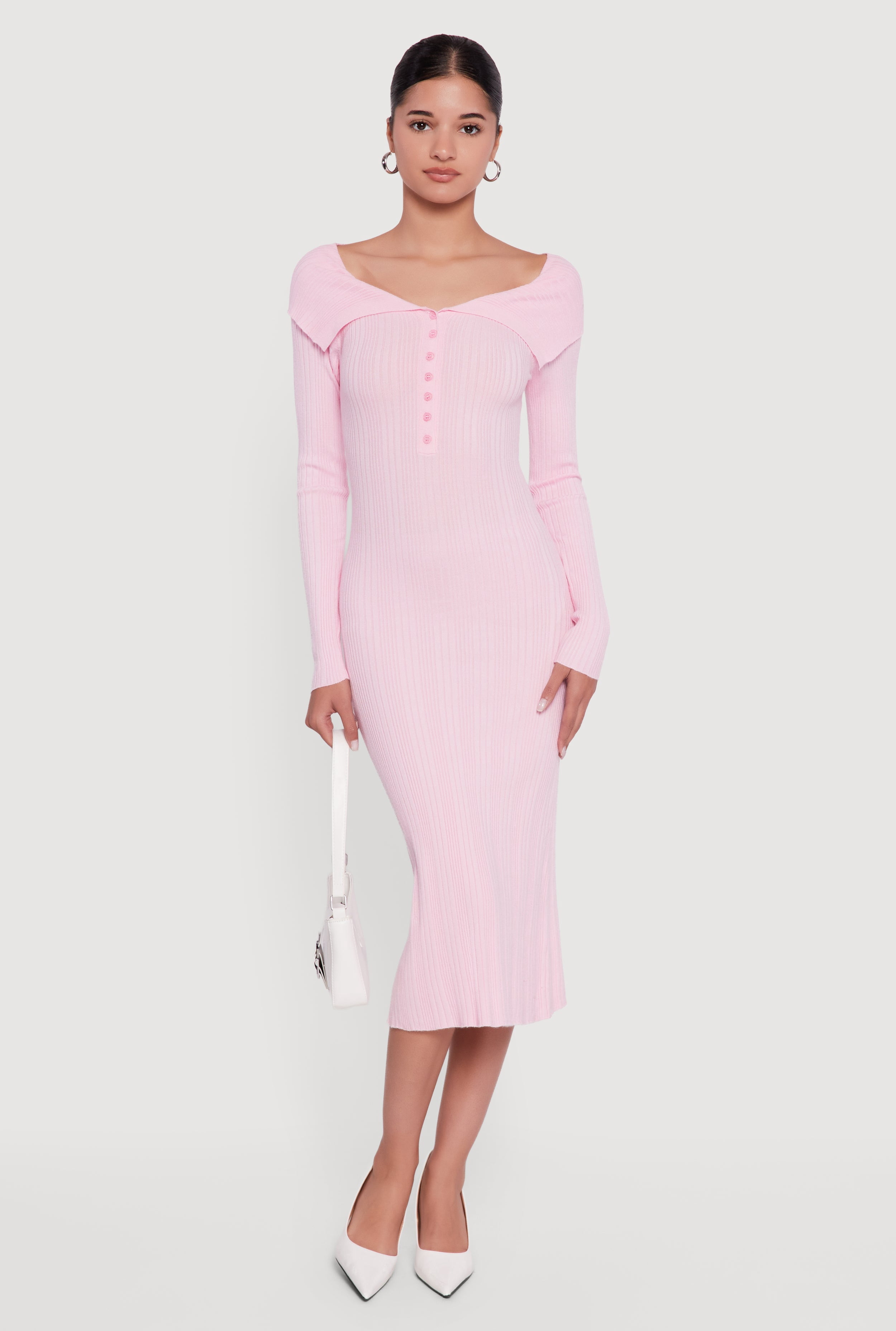knit fold over dress Rainbow Women's Rib Knit Fold Over Quarter Button Front Sweater Dress, Size: Medium, Pink