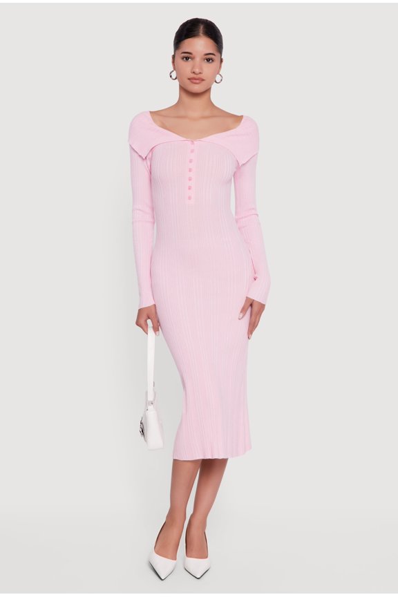 Women's Rib Knit Fold Over Quarter Button Front Sweater Dress