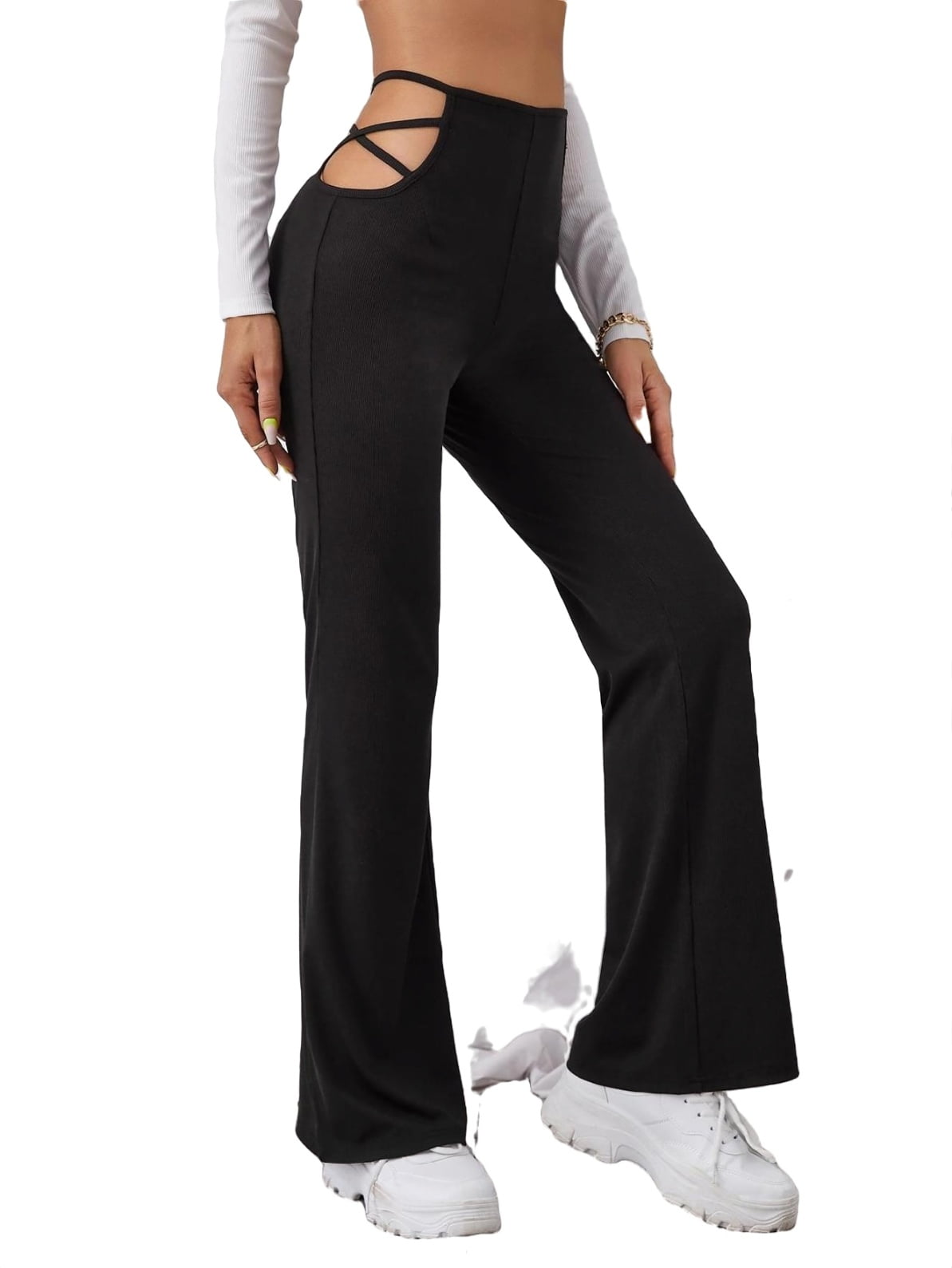 Women Lace Wide Leg Trousers Pants 3/4 Palazzo Side Slit Cropped High Waist  | eBay