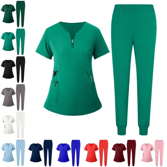 Women’s Rib-Knit Jogger Scrub Set – multi-Pocket V-Neck Top & Tapered Cargo Pant, Stretch Nursing Uniform Turquoise S
