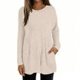 thumbnail image 1 of Women's Rib Knit Long Sleeve Mid Length Pullover Sweater, Lightweight Loose Fit Crewneck Top with Functional Pockets for Casual Wear, Fall Winter Season Outfits and Daily Comfort Fashion Beige L, 1 of 8