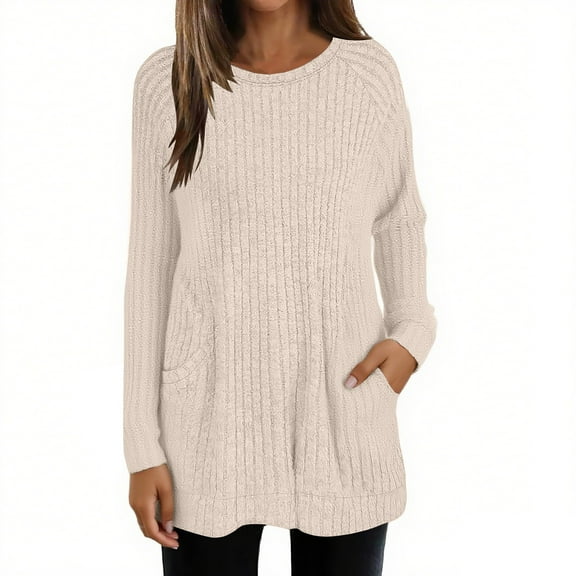 Women's Rib Knit Long Sleeve Mid Length Pullover Sweater, Lightweight Loose Fit Crewneck Top with Functional Pockets for Casual Wear, Fall Winter Season Outfits and Daily Comfort Fashion Beige XXL