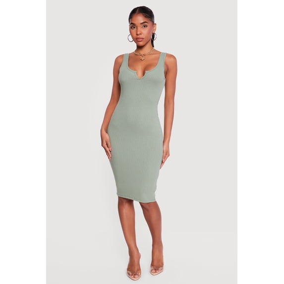 Women's Rib Knit Notch Neck Tank Midi Dress