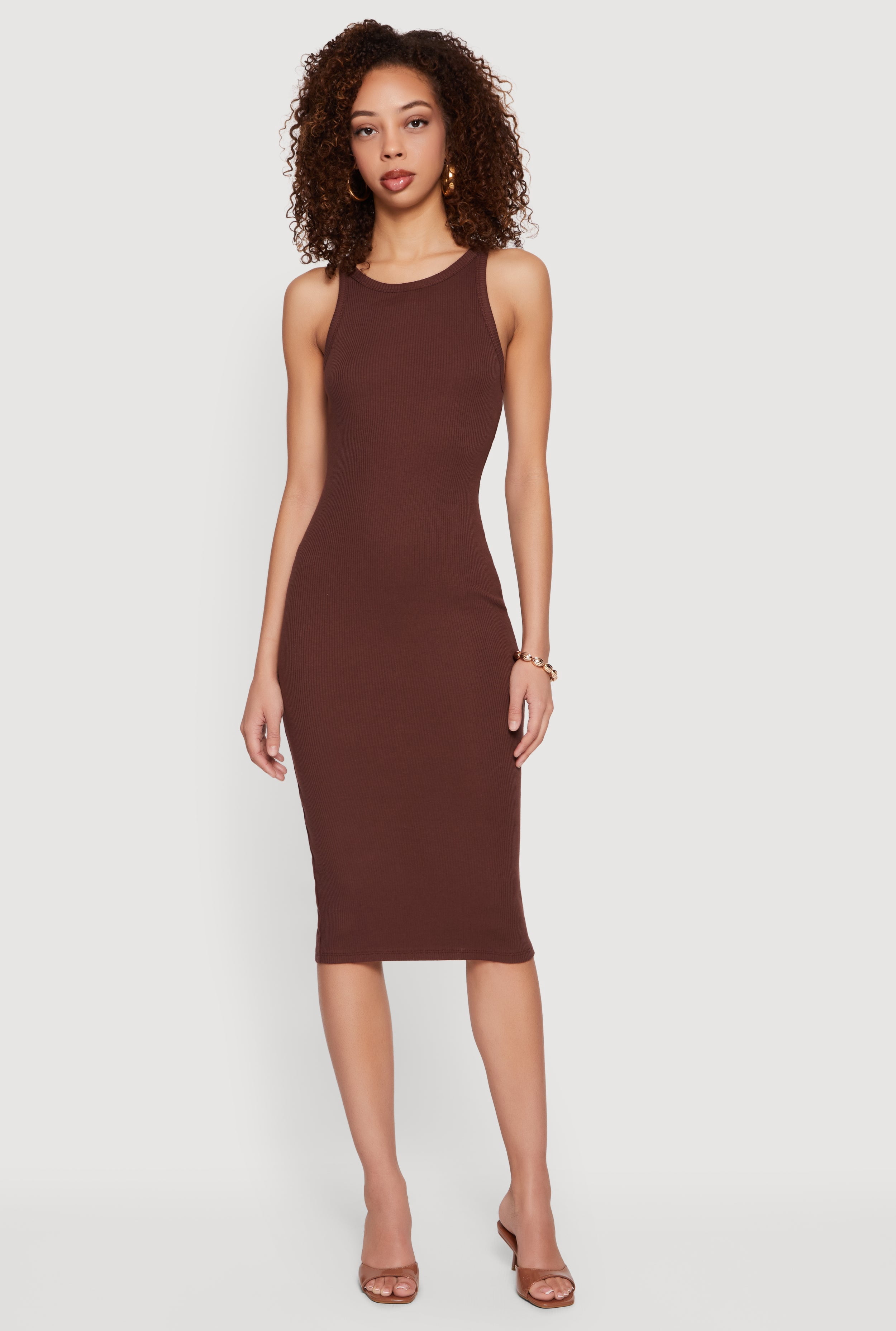brown tank midi dress Women's Rib Knit Racerback hang dry Patterns may R3P22030S Leely Women White Boho Size:EU46