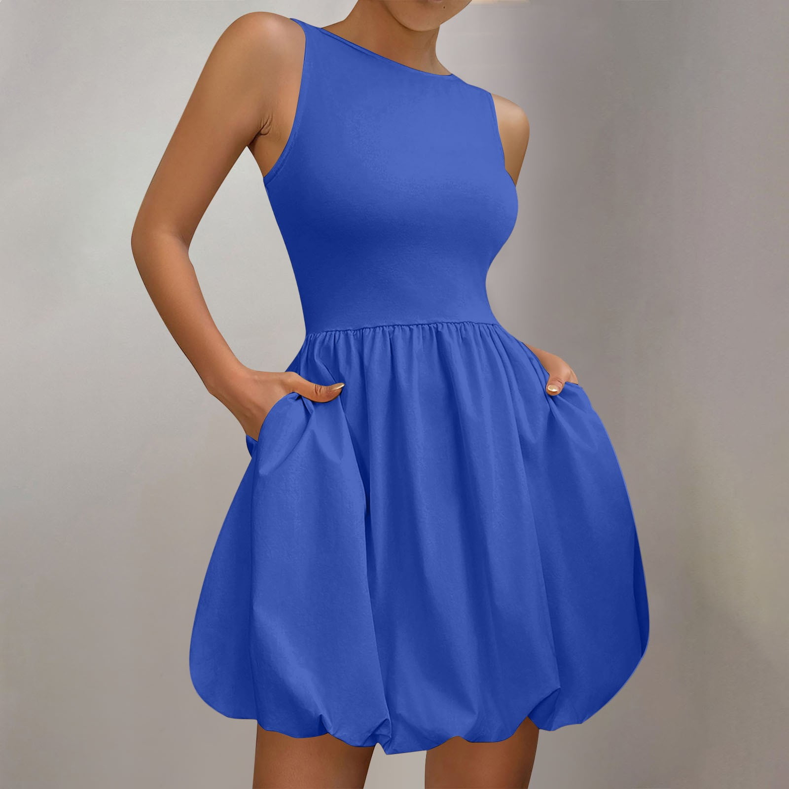 Fashion Amazon Petite Casual Dresses Flowy Short Dress Women's Rib Knit  Round Neck Frill Trim Flowy