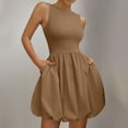thumbnail image 1 of Women's Rib Knit Round Neck Frill Trim Flowy Shift Sleeveless Tank Mini Short Dress Khaki XL, 1 of 6