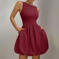 thumbnail image 1 of Women's Rib Knit Round Neck Frill Trim Flowy Shift Sleeveless Tank Mini Short Dress Wine M, 1 of 6