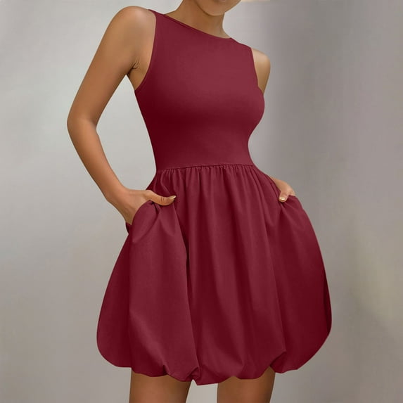 Women's Rib Knit Round Neck Frill Trim Flowy Shift Sleeveless Tank Mini Short Dress Wine M