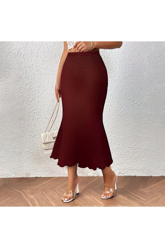 Women's Rib Knit Ruched Elastic Waist Ruffle Hem Fishtail Midi Skirt plus Size Skirts for Women 4x-5x Puffy Skirt Side Skirts for Cars Universal Womens Denim Skirt Midi Skirts Skirt Patterns for