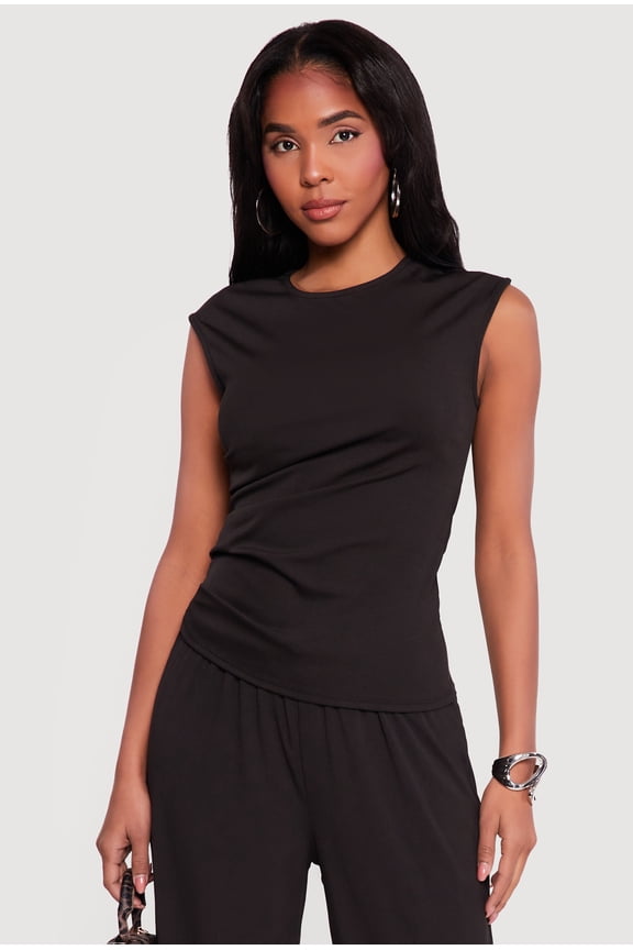 Women's Rib Knit Ruched Sleeveless High Neck Top