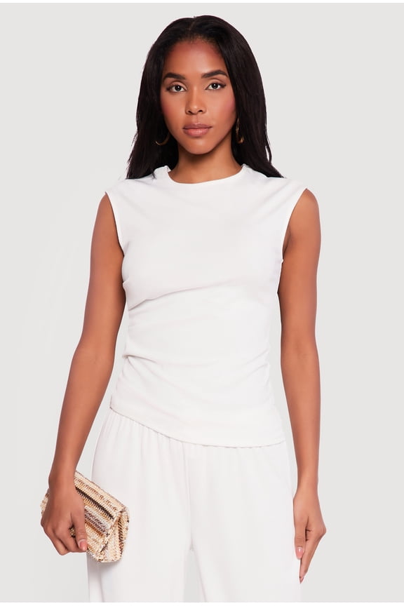 Women's Rib Knit Ruched Sleeveless High Neck Top