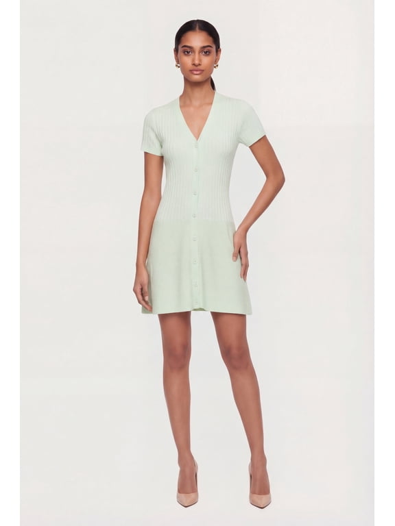 Women's Rib Knit Short Sleeve Button Front Mini Dress
