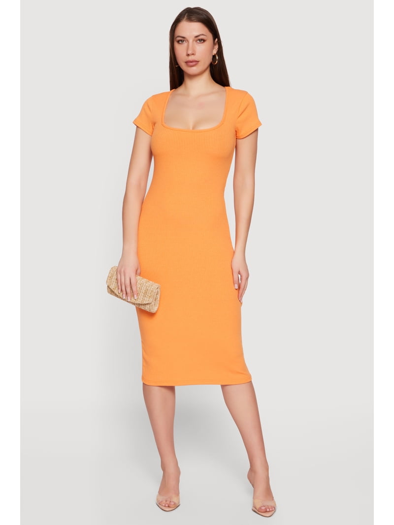 square neck ribbed midi dress Women's Rib Knit Short Sleeve Square Neck Midi Dress