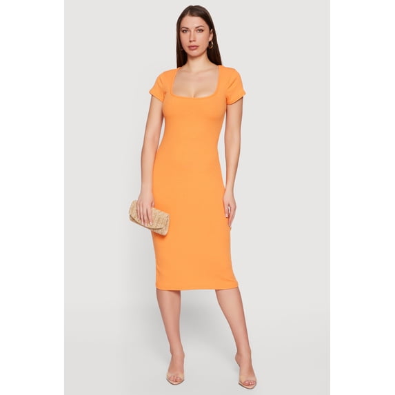 Women's Rib Knit Short Sleeve Square Neck Midi Dress