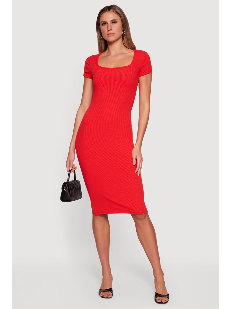 Women's Rib Knit Short Sleeve Square Neck Midi Dress