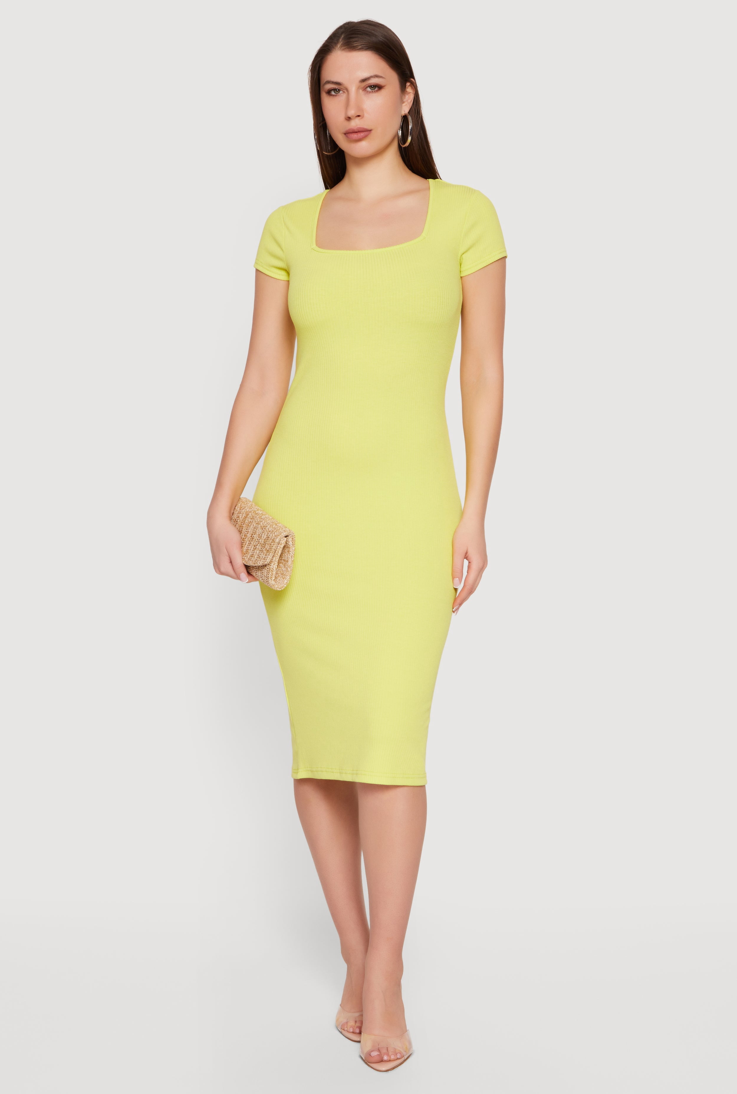 fitted rib-knit square-neck midi dress for women DY8282