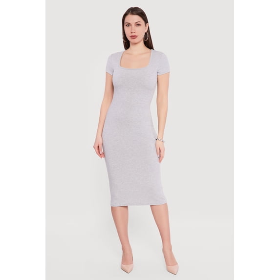 Women's Rib Knit Short Sleeve Square Neck Midi Dress