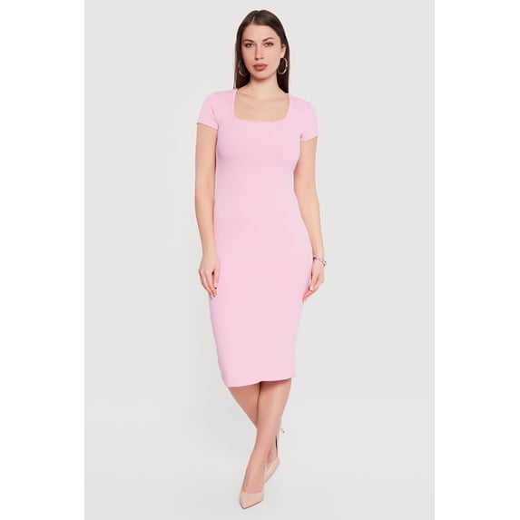 Women's Rib Knit Short Sleeve Square Neck Midi Dress