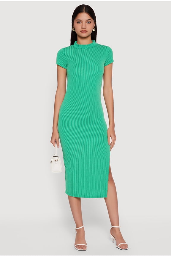 Women's Rib Knit Side Slit Short Sleeve Mock Neck Midi Dress