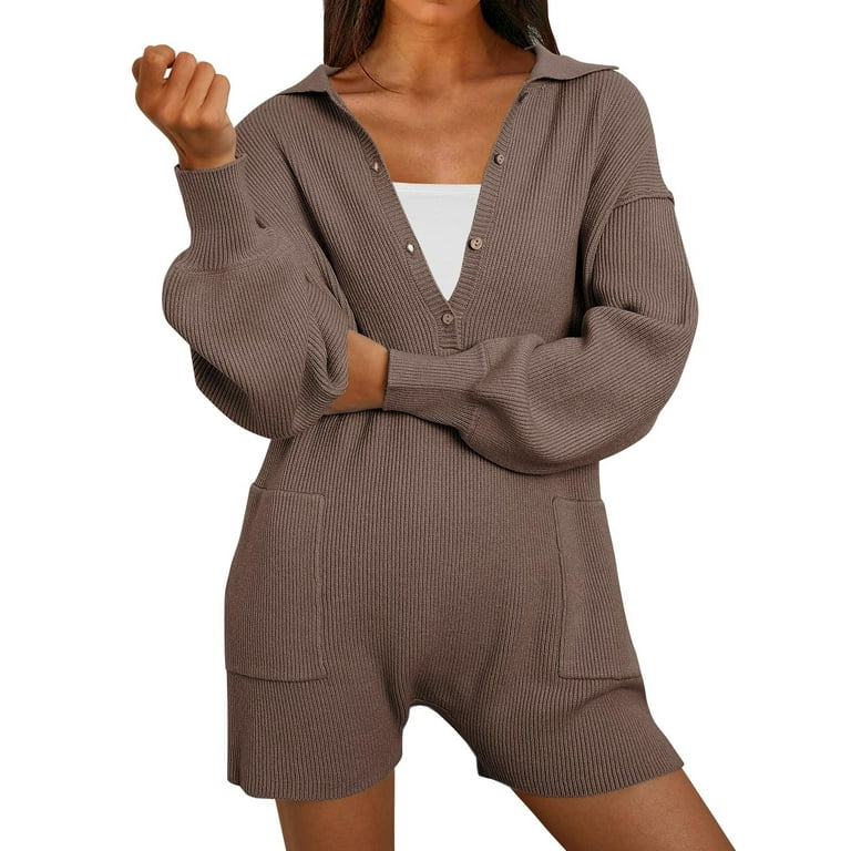 Women Long Sleeve Sweater Romper Button Down V Neck Onesie Knit Shorts  Jumpsuit Womens Jumpsuits And Rompers (Black, S) : : Clothing,  Shoes & Accessories