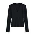 thumbnail image 1 of Women's Rib Long Sleeve Tops V Neck Slim Fitted Casual Tee Shirts Solid Color Spring Fall Winter Base Tshirts (M, Black), 1 of 5