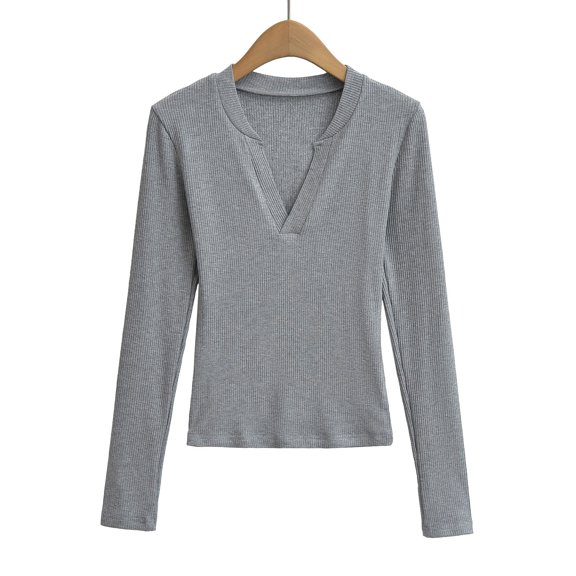 Women's Rib Long Sleeve Tops V Neck Slim Fitted Casual Tee Shirts Solid Color Spring Fall Winter Base Tshirts (S, Gray)