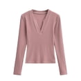 thumbnail image 1 of Women's Rib Long Sleeve Tops V Neck Slim Fitted Casual Tee Shirts Solid Color Spring Fall Winter Base Tshirts (S, Pink), 1 of 4