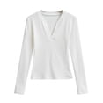 thumbnail image 1 of Women's Rib Long Sleeve Tops V Neck Slim Fitted Casual Tee Shirts Solid Color Spring Fall Winter Base Tshirts (S, White), 1 of 4