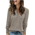 thumbnail image 1 of Women's Rib-knit V Neck Tops with Buttons Long Sleeve Comfy Pullover Jumpers Spring Fall Light Thin Sweaters (L, Khaki), 1 of 6