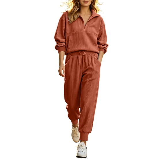 Women's Ribbed 2 Piece Loungewear Outfits Oversized Half Zip Sweatshirts High Waist Jogger Pants Matching Casual Travel Tracksuit Sets Orange