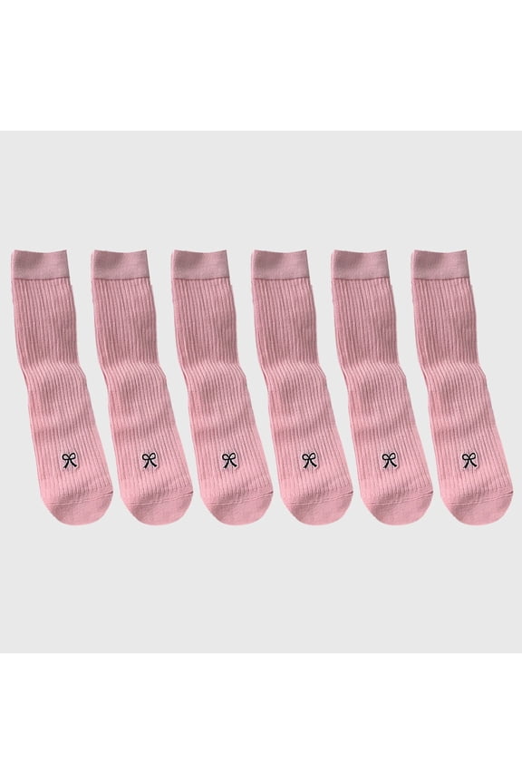 Women's Ribbed Ankle Socks with Bow Embroidery 6Pk - Pink