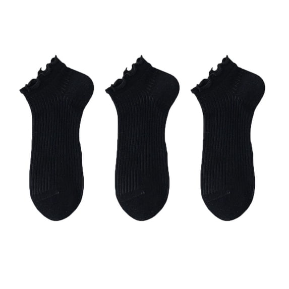 Women's Ribbed Ankle Socks with Ruffle Lettuce Trim Cuff Soft Breathable Knit 3-Pack - One Size Fits Most, Black