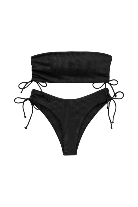 Women’s Ribbed Bandeau Bikini Set with Adjustable Side Tie Bottoms Strapless Top Two Piece Swimsuit Swimwear for Beach Pool Black M