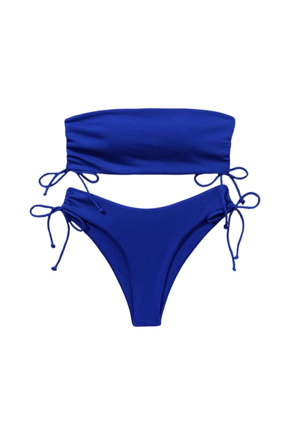 Women’s Ribbed Bandeau Bikini Set with Adjustable Side Tie Bottoms Strapless Top Two Piece Swimsuit Swimwear for Beach Pool Blue S