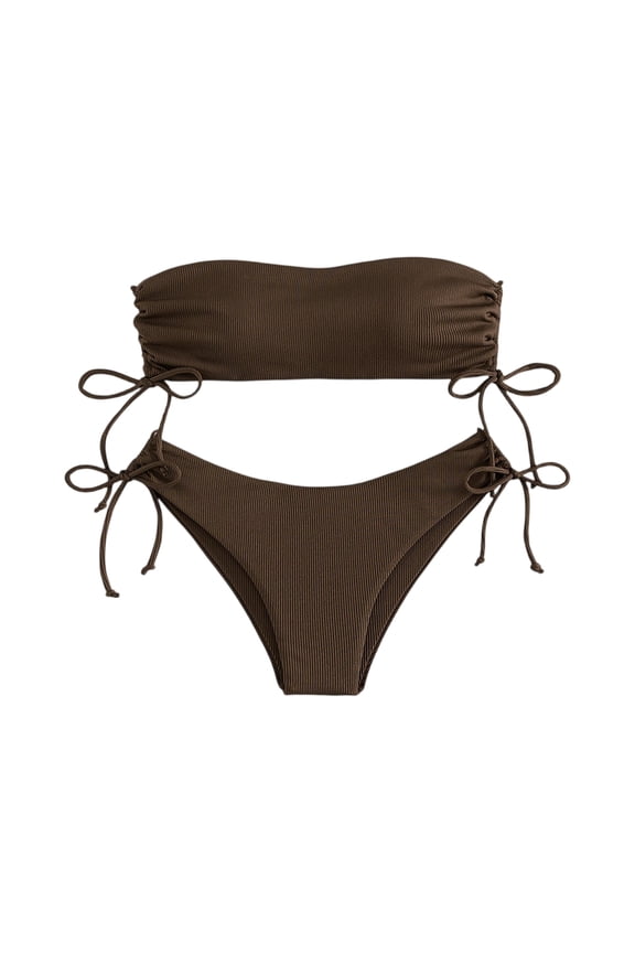 Women’s Ribbed Bandeau Bikini Set with Adjustable Side Tie Bottoms Strapless Top Two Piece Swimsuit Swimwear for Beach Pool Coffee L