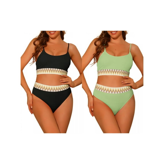 NOMADIC NOOK Women's Ribbed Bikini Combination Sets, Two Pieces Adjustable Spaghetti Straps Swimsuit Swimwear Small Black, Light Green