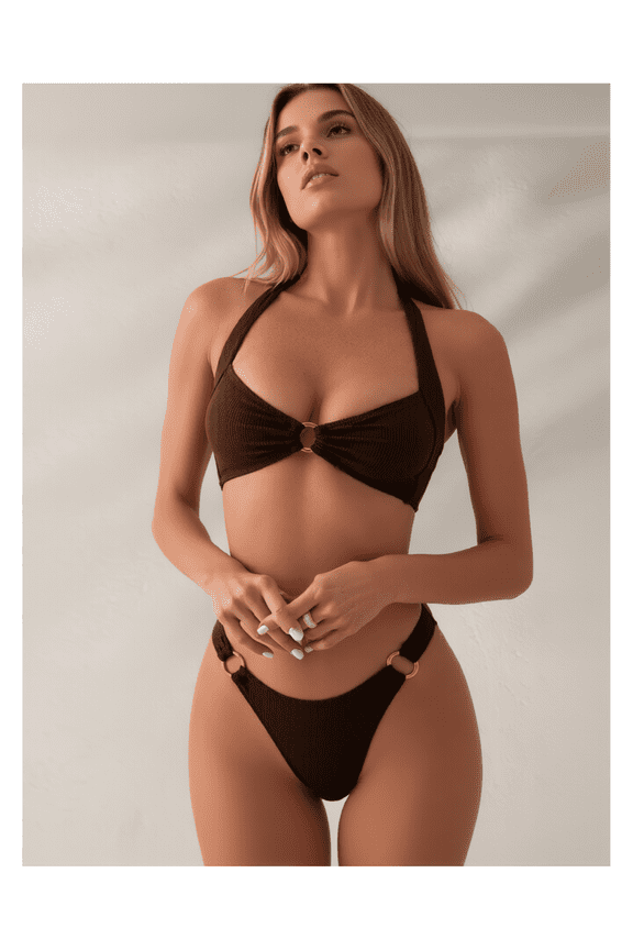 Women's Ribbed Bikini Set Brown Halter Swimsuit Gold Ring High Cut Two Piece Bathing Suit Adjustable Straps Sexy Beachwear