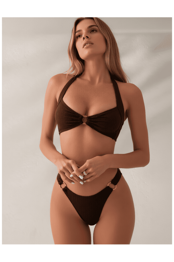 Women's Ribbed Bikini Set Brown - Halter Swimsuit with Gold Ring, High Cut Two Piece Bathing Suit for Women, Sexy Summer Beachwear, S-XXL