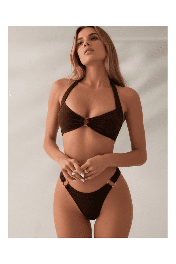 Women's Ribbed Bikini Set Brown High Cut Swimsuit Gold Ring Accent Halter Top Bathing Suit Two Piece Swimwear for Women Summer Beach Pool