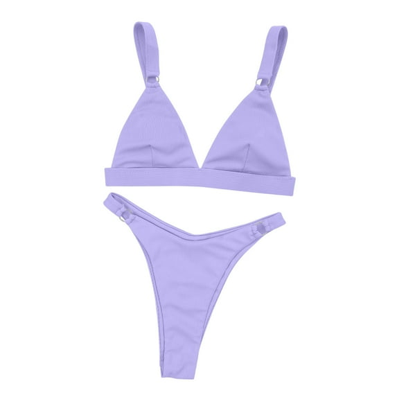 Women's Ribbed Bikini Set, O-Ring Solid Color Bikini Swimsuit Cheeky Thong Swimwear Two Pieces Bathing Suit