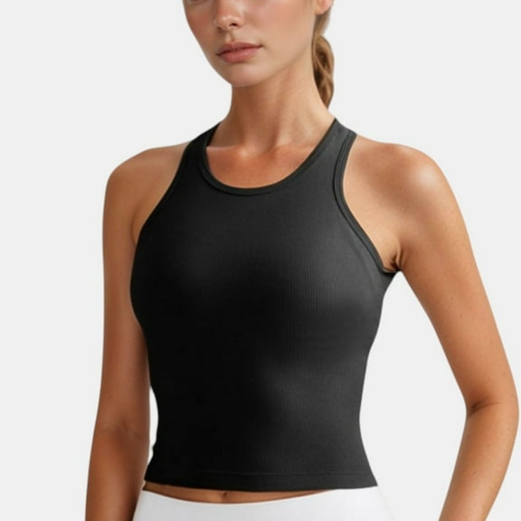 Women's Ribbed Black High Neck Crop Tank Top for Active and Casual Wear - Large, Black