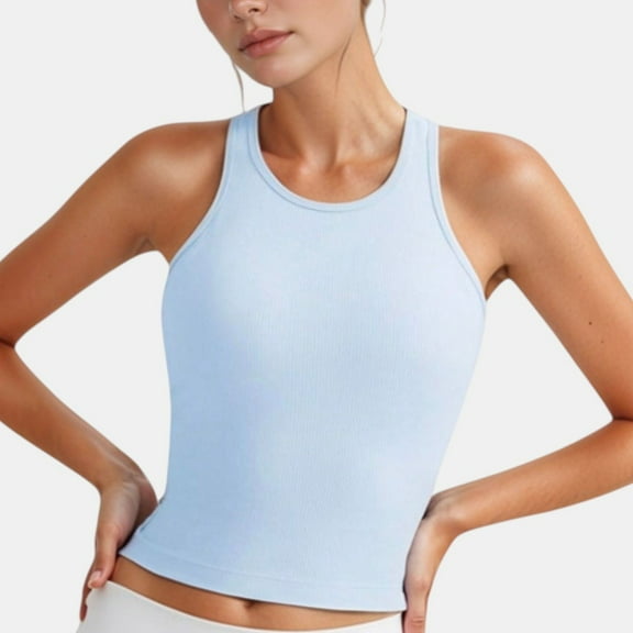 Women's Ribbed Black High Neck Crop Tank Top for Active and Casual Wear - Medium, Light Blue