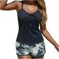 thumbnail image 1 of Fewfanhot Women's Ribbed Black Tankini Top with Floral Print High Waist Shorts, Bow Detail & Trim Two Piece Swimsuit, Modest Swimwear Set, 1 of 5