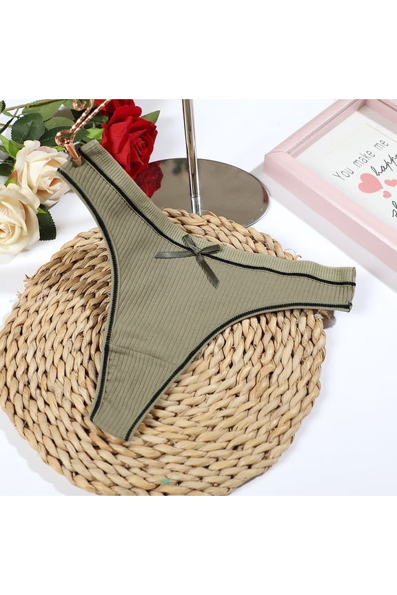 Women's Ribbed Bow Thong Panties, Color Block Soft Stretch Breathable Everyday Underwear Green S