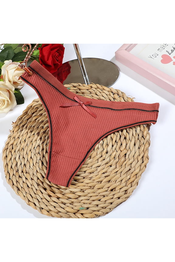 Women's Ribbed Bow Thong Panties, Color Block Soft Stretch Breathable Everyday Underwear Red S